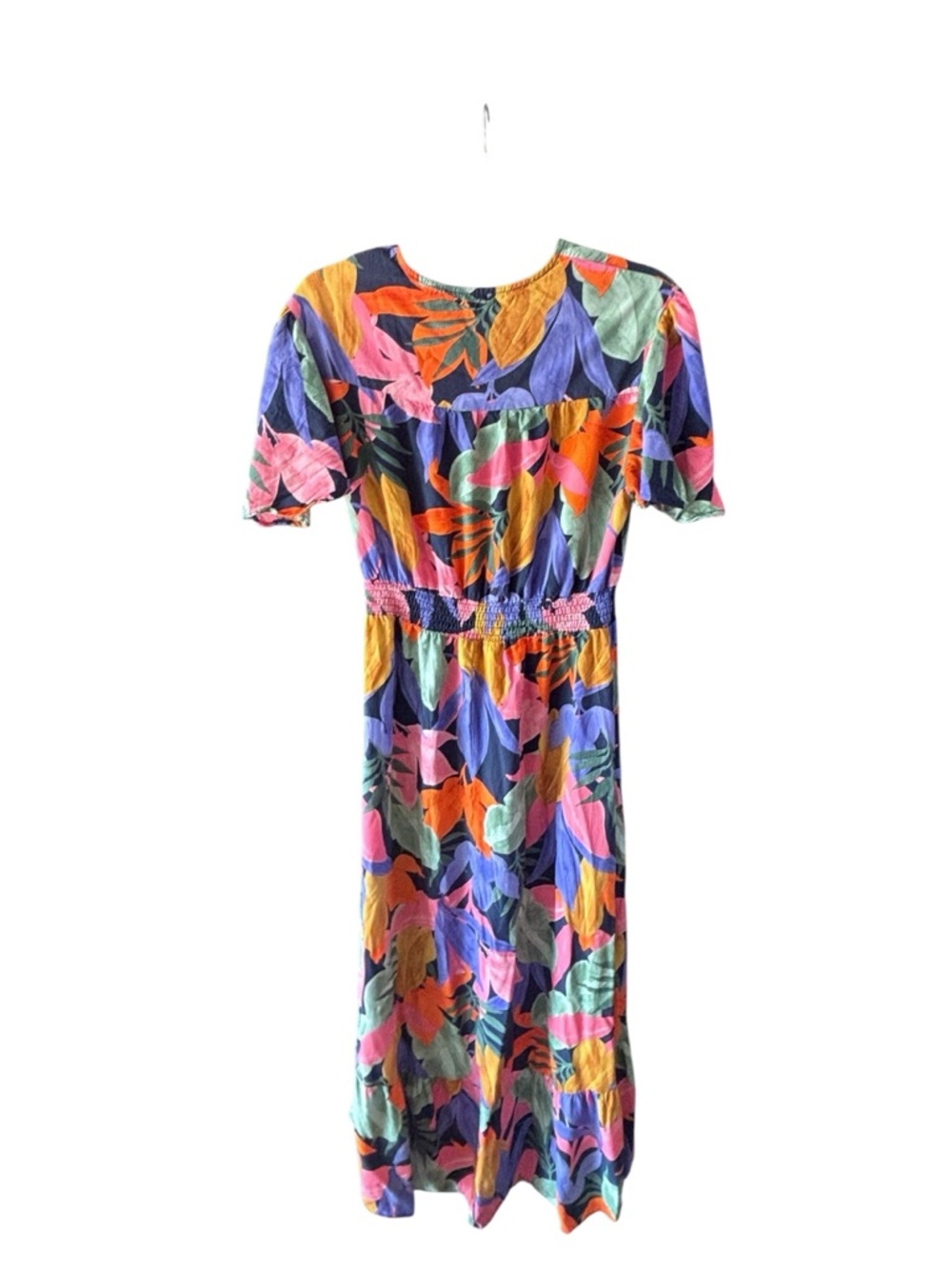 Abel The Label Tropical Floral Dress Smocked Waist Button Front Midi Dress L - Picture 5 of 6